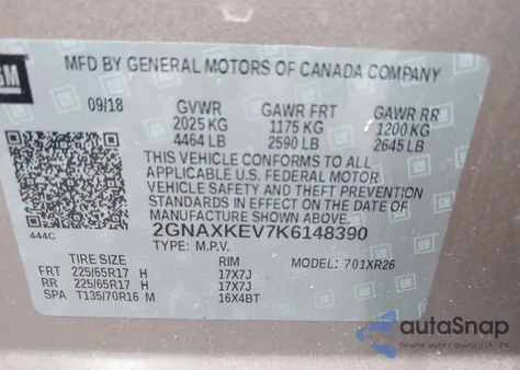2019 Chevrolet Equinox Lt z USA, uszkodzony, nr VIN 2GNAXKEV7K6148390